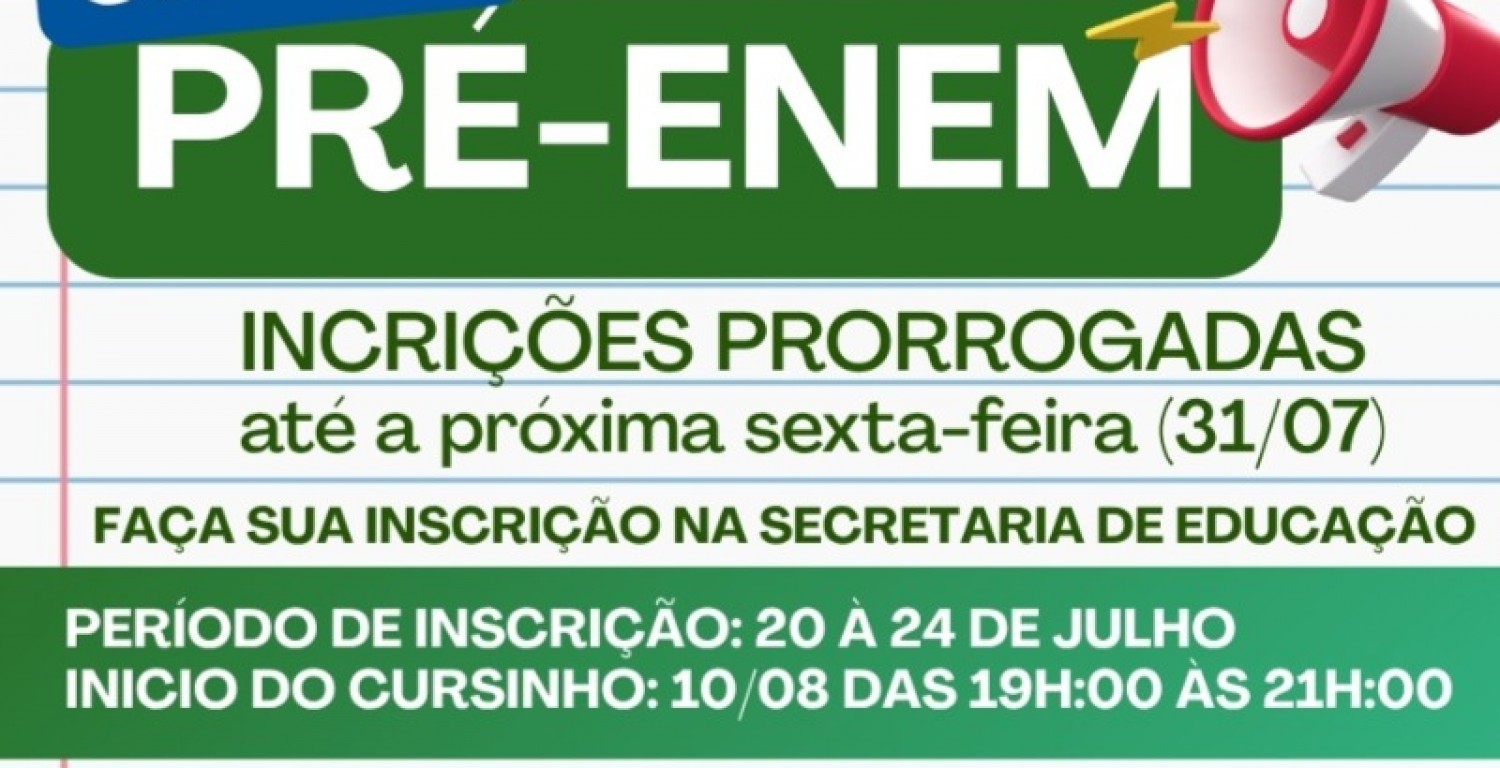 Prefeitura de Sobrado prorroga inscri��es para o cursinho pr�-Enem 2026